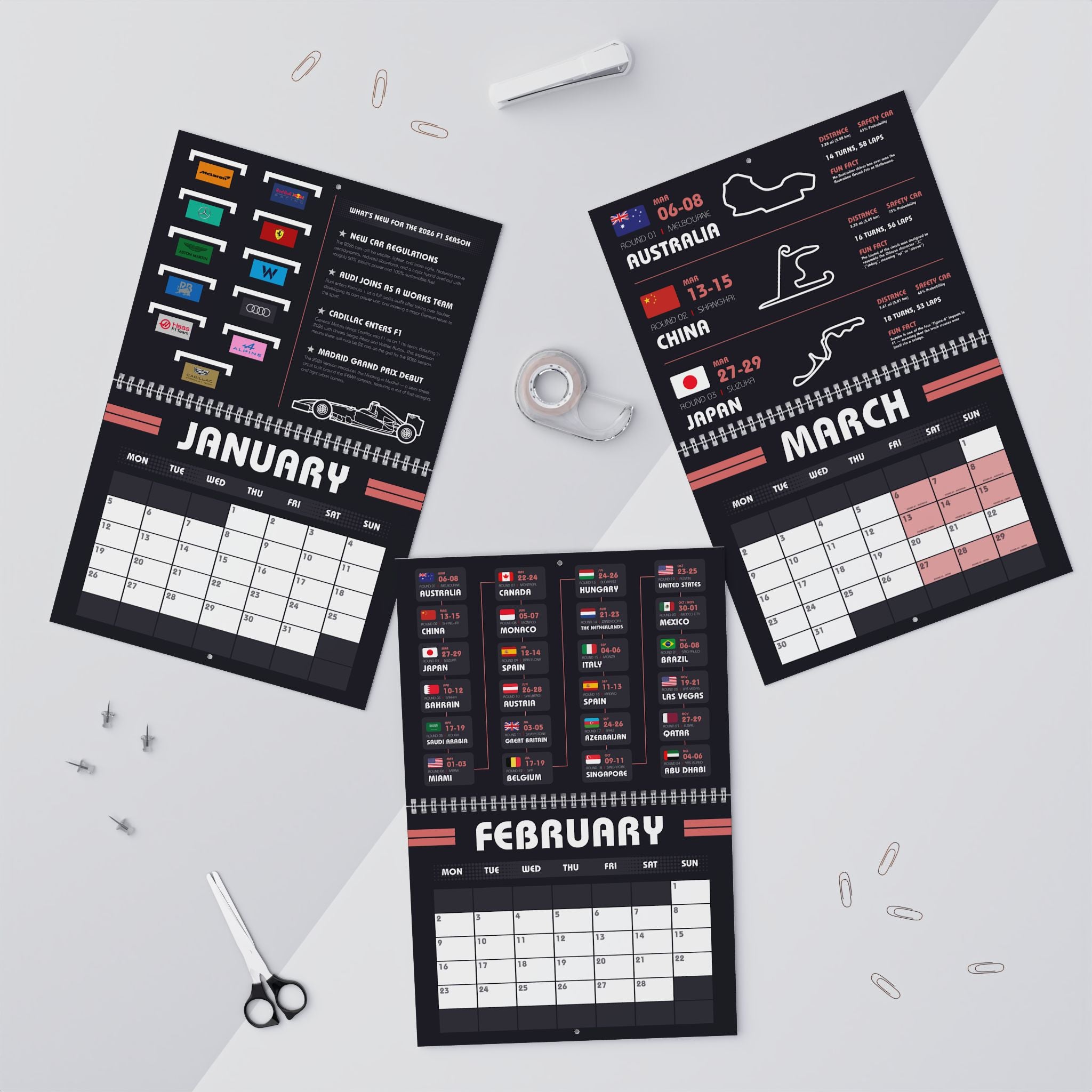 F1 Wall Calendar 2026 - Black