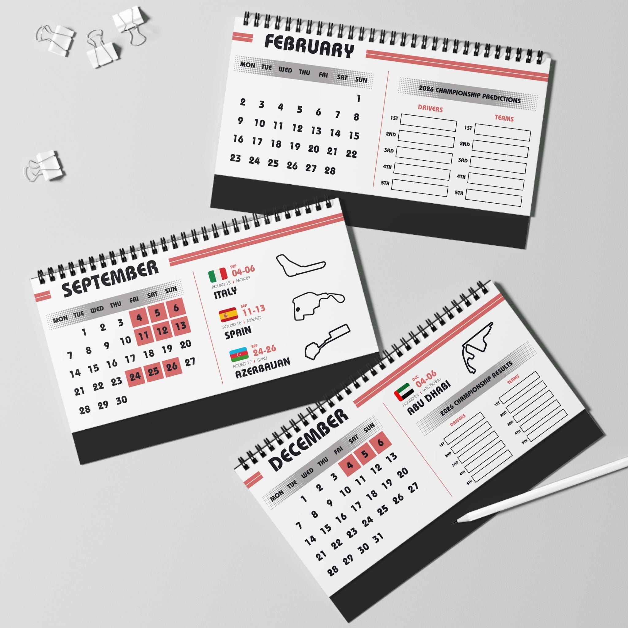 F1 Desk Calendar 2026 - White