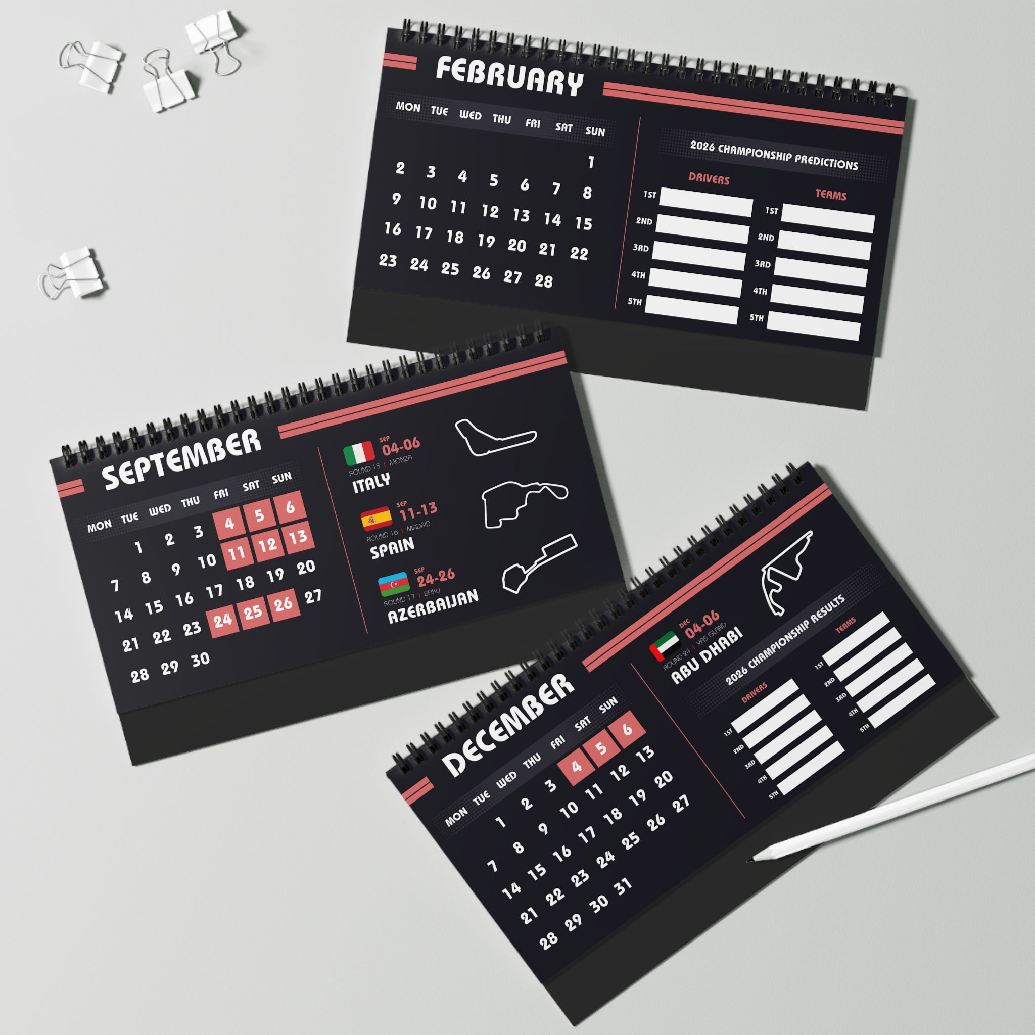 F1 Desk Calendar 2026 - Black