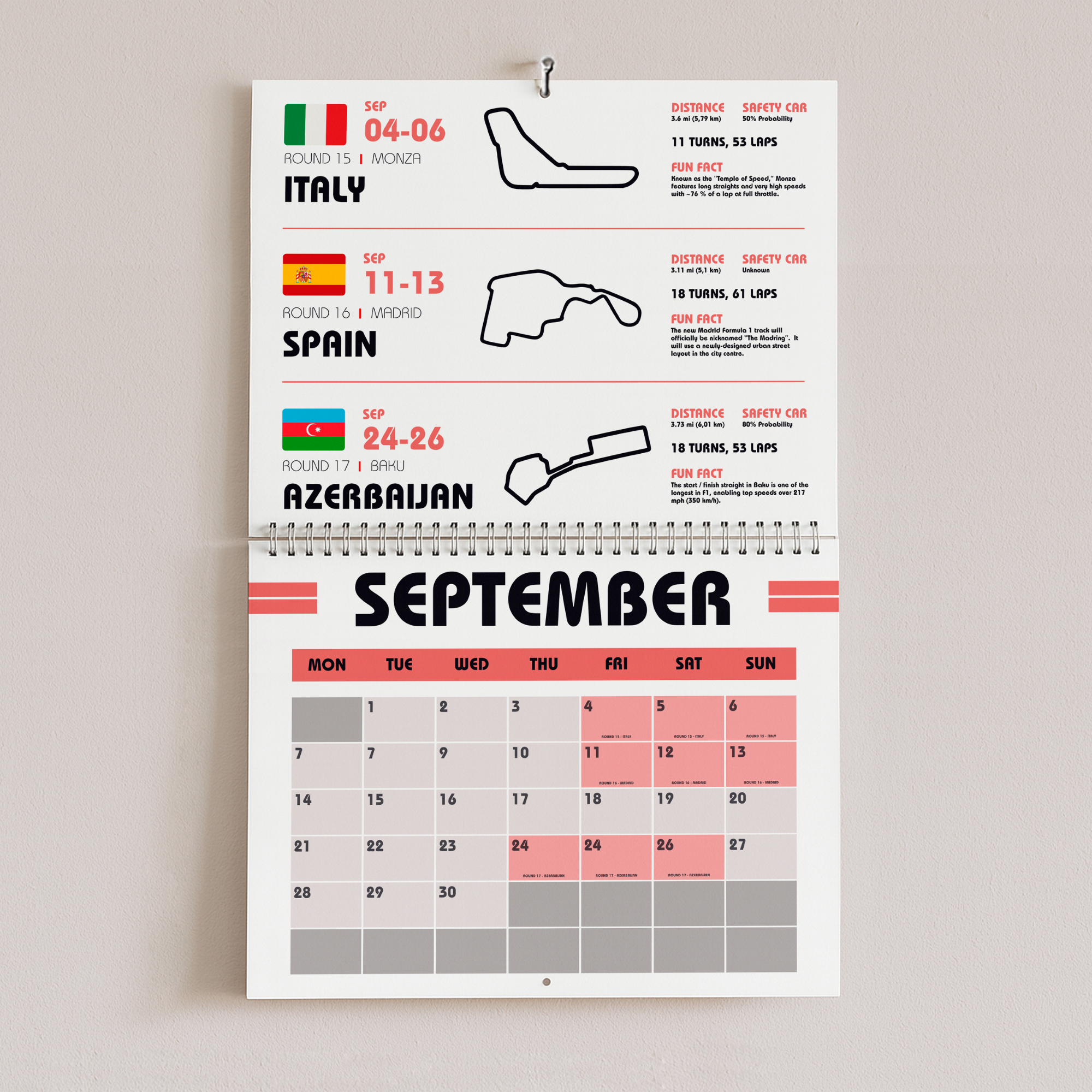 F1 Wall Calendar 2026 - White